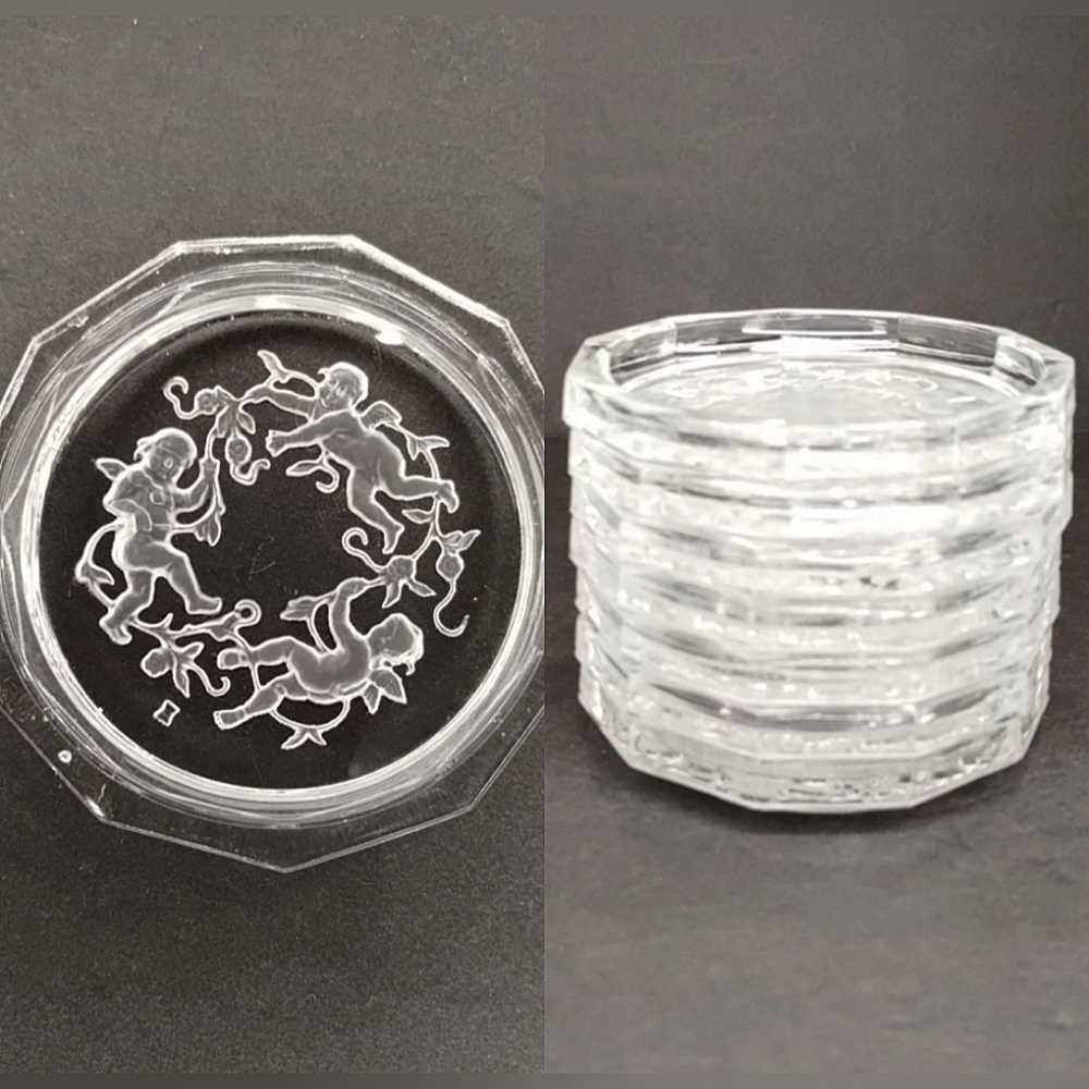 Vintage 30s Set of 7 Heinrich Hoffmann Glass Coasters Intaglio Cherubs Stacking